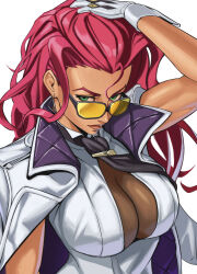 1girl absurdres between_breasts bodysuit breasts cleavage cleavage_cutout clothing_cutout crimson_viper erzomori gloves green_eyes highres jacket jacket_on_shoulders large_breasts long_hair necktie red_hair short_sleeves solo street_fighter street_fighter_6 sunglasses tinted_eyewear white_gloves