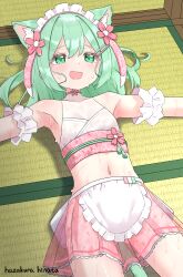 1girl animal_ears bikini cat_ears cat_tail commentary_request green_eyes green_hair hazakura_hinata highres lying maid maid_bikini navel on_back original solo swimsuit tail unconventional_maid variant_set wa_maid
