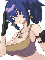 Rule 34 | 1girl, arm pouch, bare shoulders, black gloves, blue hair, breasts, crop top, dog tags, earrings, gloves, highres, jewelry, leona heidern, ooiwa (irc14786149), ponytail, salute, simple background, sleeveless, soldier, solo, tank top, the king of fighters, the king of fighters xv, triangle earrings, white background, yellow tank top