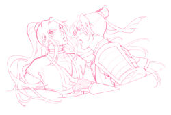 Rule 34 | 2boys, armor, chinese armor, chinese clothes, collar, colored lineart, commentary, cropped shoulders, english commentary, feng xin, fingerless gloves, gloves, hair bun, hair ribbon, hand up, hanfu, high collar, high ponytail, jewelry, layered clothes, lineart, long hair, long sleeves, male focus, monochrome, mu qing (tianguan cifu), multiple boys, open mouth, parted bangs, pink theme, ponytail, profile, ribbon, rolling eyes, shouting, sidelocks, simple background, single hair bun, tianguan cifu, topknot, very long hair, white background, yutaan