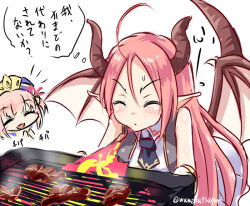 2girls breath_weapon breathing_fire christine_ketoura dragon_girl dragon_horns dragon_wings fire horns iris_mysteria! multiple_girls pointy_ears red_hair sharon_oliva umarutsufuri wings yakiniku