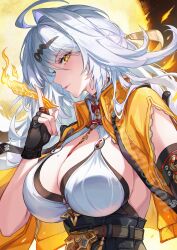 1girl absurdres black_gloves breasts chinnpou cleavage commentary commission fingerless_gloves gloves hair_ornament hairclip hand_up highres holding_ofuda jacket large_breasts long_hair looking_at_viewer mole mole_on_breast parted_lips solo upper_body white_hair yellow_eyes yellow_jacket yi_xuan_(zenless_zone_zero) yin_yang_pin zenless_zone_zero