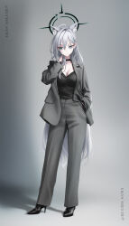 1girl absurdres alternate_costume animal_ear_fluff animal_ears aqua_eyes black_choker blue_archive breasts broken_halo bucho_sama choker cross cross_hair_ornament extra_ears formal_clothes grey_hair grey_pants grey_suit hair_between_eyes hair_ornament halo high_heels highres inverted_cross large_breasts long_hair long_sleeves mismatched_pupils pants shiroko_(blue_archive) shiroko_terror_(blue_archive) solo suit very_long_hair wolf_ears
