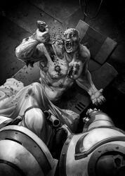2boys adeptus_astartes armor attempted_suicide bald blanket blood breastplate broken broken_weapon bug cable chaos_(warhammer) commentary constricted_pupils covering_with_blanket crazy_eyes dagger damaged_skin death_guard decay disease dust eagle_head_(ornament) english_commentary exposed_muscle fly from_behind gauntlets greyscale holding holding_dagger holding_knife holding_weapon hood indoors injury insect knife looking_at_another lying male_focus monochrome mortarion multiple_boys muscular muscular_male mutation official_art open_hand open_mouth operating_table pain pants pauldrons primarch rot_fly rust saliva screaming scythe self-harm shoulder_armor skull_ornament subdermal_port swarm table taziobettin topless_male tube ulcer vambraces veins wall-eyed warhammer_40k warts weapon white_armor