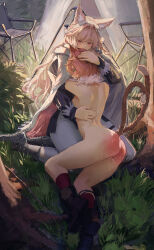 2girls absurdres animal_ear_fluff animal_ears arknights black_boots blonde_hair boots camping_chair cape cat_ears cat_girl cat_tail chair clothed_female_nude_female commentary commission crying english_commentary fanfiction_available folding_chair gandy_(gan3e46) grass hand_on_another&#039;s_head hand_on_another&#039;s_waist highres hug long_hair mousse_(arknights) mousse_(campfire_cooking_smoke)_(arknights) multicolored_hair multiple_girls multiple_tails nude official_alternate_costume outdoors pants pink_eyes pink_hair pozyomka_(arknights) pozyomka_(snowy_plains_in_words)_(arknights) pussy pussy_juice second-party_source spanked tail tent two-tone_hair two_tails uncensored white_cape white_hair white_pants wolf_ears yuri