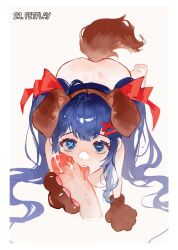 1girl absurdres animal_ears ass blue_eyes blue_hair cum dog_ears dog_girl fellatio highres licking licking_penis nude oral original penis solo twintails yeougui