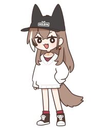 Rule 34 | :3, :d, animal ears, animal hat, bare legs, black choker, black hat, bloodymoonia, brand name imitation, brown hair, brown tail, casual, chibi, choker, converse, dog tail, ear ornament, fang, hat, highres, hololive, hololive english, jewelry, kemonomimi mode, legs apart, long sleeves, nanashi mumei, necklace, open mouth, shoes, simple background, smile, sneakers, standing, sweater, tail, white background, white sweater