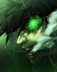 1boy angry artist_name blue_lock commentary crying crying_with_eyes_open english_commentary glowing glowing_eye green_hair highres iamosix2 instagram_logo instagram_username itoshi_rin male_focus open_mouth rain short_hair solo steam tears teeth twitter_logo twitter_username