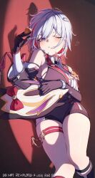 1girl absurdres asymmetrical_gloves bare_shoulders black_gloves breasts coin collared_shirt detached_sleeves elbow_gloves gloves grey_hair heart highres honkai:_star_rail honkai_(series) imasaki_kei long_sleeves looking_at_viewer lying multicolored_hair numby_(honkai:_star_rail) one_eye_closed parted_lips red_hair shirt short_hair sideboob simple_background solo streaked_hair thigh_strap topaz_(honkai:_star_rail) trotter_(honkai:_star_rail) twitter_username uneven_gloves