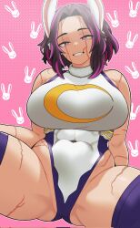 1girl abs animal_ears bare_shoulders boku_no_hero_academia breasts cosplay cracked_skin crescent_print evoltodraw fur_collar heattech_leotard highleg highleg_leotard highres lady_nagant large_breasts leotard looking_at_viewer mirko mirko_(cosplay) multicolored_hair muscular muscular_female partially_visible_vulva pink_hair purple_eyes purple_hair rabbit_ears scar short_hair sleeveless sleeveless_turtleneck_leotard smile thick_thighs thighhighs thighs turtleneck two-tone_hair white_leotard
