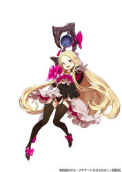 Rule 34 | 1girl, black thighhighs, blonde hair, blush, brown eyes, dress, full body, garter straps, gloves, hair ornament, holding, holding staff, iwasaki takashi, long hair, long sleeves, looking at viewer, loux christasse, mage staff, mahoutsukai reimeiki, open hand, open mouth, outstretched arm, outstretched hand, palms, pink ribbon, reaching, ribbon, simple background, smile, solo, spread fingers, staff, teeth, thighhighs, thighs, very long hair, white background