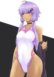 1girl breasts choker commentary_request competition_swimsuit contrapposto female_focus gluteal_fold hair_ornament hair_over_shoulder highleg highleg_one-piece_swimsuit highres medium_breasts one-piece_swimsuit purple_eyes purple_hair short_hair_with_long_locks solo standing swimsuit tan towel two-tone_background vocaloid voiceroid white_one-piece_swimsuit yuzuki_yukari zooanime