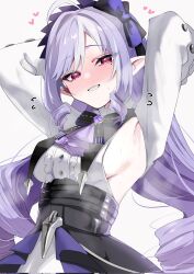 1girl ahoge armpits arms_up ascot black_skirt blush breasts buttons center_frills dress frills heart highres large_breasts long_hair long_sleeves looking_at_viewer mole mole_under_eye overskirt pointy_ears purple_ascot purple_hair red_eyes sideboob sidelocks simple_background skirt smile solo sweat tonomiya68 vivian_banshee white_background white_dress zenless_zone_zero