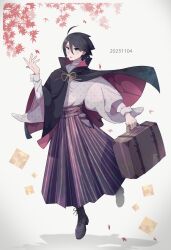 1boy absurdres ahoge arm_up autumn autumn_leaves black_cape black_hair boots bow cape commentary_request dated full_body glasses green_eyes hair_between_eyes hakama highres holding holding_suitcase itoshiki_nozomu japanese_clothes kimono leaf lens_flare looking_at_viewer male_focus open_mouth red_cape sayonara_zetsubou_sensei shosei solo suitcase tomato_ebichiri two-sided_cape two-sided_fabric yellow_bow
