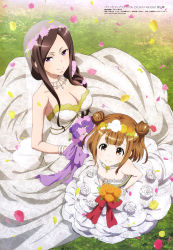Rule 34 | 2girls, absurdres, beatrice (princess principal), blunt bangs, bouquet, bracelet, breasts, bridal gauntlets, bridal veil, brown eyes, brown hair, cleavage, closed mouth, dorothy (princess principal), double bun, dress, flat chest, flower, from above, grass, hair bun, hair flower, hair ornament, head wreath, highres, holding, holding bouquet, jewelry, large breasts, multiple girls, necklace, nishio kouhaku, no bra, official art, petals, princess principal, purple eyes, see-through clothes, smile, veil, wedding dress