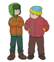 Rule 34 | 2boys, aqua hat, beanie, black shoes, boots, brown boots, brown hair, brown pants, clenched teeth, coat, crossed arms, deerstalker, eric cartman, fat, fat man, full body, furrowed brow, green hat, green pants, hands in pockets, hat, highres, kumao (uexxww), kyle broflovski, male focus, multiple boys, orange coat, pants, parted lips, red coat, shoes, short hair, south park, squinting, teeth, tongue, tongue out, white background
