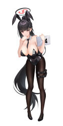 1girl absurdres alternate_costume animal_ear_hairband animal_ears bare_shoulders between_breasts black_footwear black_hair black_halo black_leotard black_necktie black_pantyhose blue_archive blunt_bangs breasts bright_pupils cleavage collarbone detached_collar fake_animal_ears full_body gun hair_ornament hairband hairclip halo hand_to_own_mouth handgun high_heels highleg highleg_leotard highres holding holding_tablet_pc holster holstered id_card large_breasts leaning_forward leotard long_hair looking_at_viewer necktie necktie_between_breasts pantyhose playboy_bunny ponytail pumps rabbit_ear_hairband rabbit_ears raurashun red_eyes rio_(blue_archive) simple_background solo strapless strapless_leotard tablet_pc thigh_holster thigh_strap thighs very_long_hair weapon white_background white_pupils