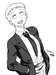 1girl :d black_eyes black_jacket buttons collared_shirt constricted_pupils dated fang forehead greyscale hands_in_pockets jacket monochrome necktie open_mouth original pants shirt short_hair signature simple_background smile suit_jacket tomboy tongue tsukudani_(coke-buta) very_short_hair white_background white_shirt