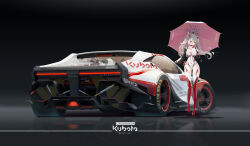 1girl absurdres azur_lane black_gloves blonde_hair boots breasts car english_text fingerless_gloves galodos gloves hair_between_eyes highres holding l&#039;audacieux_(azur_lane) l&#039;audacieux_(protector_beneath_the_parasol)_(azur_lane) leotard long_hair motor_vehicle official_alternate_costume original race_queen race_vehicle red_eyes thigh_boots twintails umbrella vehicle_focus very_long_hair white_leotard