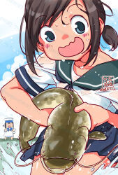 2girls artist_logo black_hair blue_eyes blue_sailor_collar blue_skirt breasts catfish cowboy_shot daitou_(kancolle) dated feet_out_of_frame fish fubuki_(kancolle) highres kantai_collection kutone_shirika logo low_ponytail medium_breasts multiple_girls pleated_skirt ponytail sailor_collar sailor_shirt school_uniform serafuku shirt short_ponytail skirt solo_focus wavy_mouth white_shirt