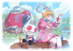1boy 1girl alternate_costume blonde_hair blue_eyes blue_pikmin blue_sky cloud crossover crown day dress earrings flower gloves grass highres jewelry leggings log mario_(series) nintendo outdoors pikmin_(creature) pikmin_(series) pink_dress pink_gloves pointy_ears princess_peach red_pikmin red_toad_(mario) saiwo_(saiwoproject) sitting sky sphere_earrings toad_(mario) white_flower white_leggings yellow_pikmin