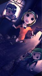 1girl bad_tag button_eyes buttons curtained_hair fleeing gloves highres holding identity_v looking_at_viewer mechanic mercenary naib_subedar night simple_background tracy_reznik