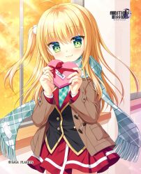 Rule 34 | 1girl, :3, absurdres, ahoge, ambitious mission, aqua scarf, black shirt, blonde hair, blush, bow, box, brown jacket, charlotte di curvehorn yeatz, closed mouth, company name, copyright name, cowboy shot, english text, eyes visible through hair, fingernails, fringe trim, gift, green eyes, hair between eyes, hair ornament, hands up, hanesaki seika, heart-shaped box, highres, holding, holding gift, indoors, jacket, long hair, long scarf, long sleeves, looking at viewer, miniskirt, official art, official wallpaper, one side up, open clothes, open jacket, plaid clothes, plaid scarf, pleated skirt, pom pom (clothes), pom pom hair ornament, red bow, red skirt, scarf, school uniform, shirt, sidelighting, skirt, smile, solo, sparkle, straight hair, sunlight, sunset, valentine