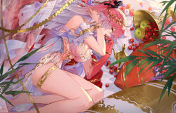 1girl bare_legs bare_shoulders barefoot black_bow bow bracelet breasts changli_(laurel_nymph)_(wuthering_waves) changli_(wuthering_waves) cleavage colored_extremities commentary dress eating english_commentary feather_hair feet fingernails food from_above fruit gradient_clothes gradient_dress hair_bow head_wreath highres jewelry large_breasts legs long_hair lying multicolored_hair official_alternate_costume on_side pink_hair ponytail red_hands ruoruoqiu solo tacet_mark_(wuthering_waves) thighlet toes two-tone_hair very_long_hair white_dress white_hair wuthering_waves yellow_eyes
