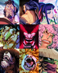 6+boys animal_ears artist_name ashura_doji black_hair blue_hair cat_ears chamba closed_mouth denjirou_(one_piece) dog_ears fangs hat high_ponytail holding holding_mask inuarashi_(one_piece) kanjuro_(one_piece) kawamatsu kikunojo_(one_piece) kinemon long_hair looking_at_viewer looking_back male_focus mask medium_hair mouth_hold multiple_boys nekomamushi one_piece open_mouth orange_hair pink_hair pipe_in_mouth ponytail raizo_(one_piece) red_hair scroll sharp_teeth short_hair smile smoking_pipe teeth thick_eyebrows tongue tongue_out trap whiskers