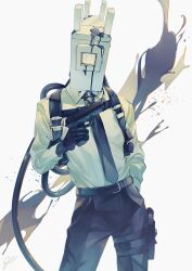 1boy absurdres bag belt bendy_and_the_ink_machine black_bag black_belt black_necktie black_pants character_request check_character chromatic_aberration collared_shirt contrapposto cowboy_shot cuso4_suiwabutu finger_on_trigger gun hand_in_pocket hand_up handgun highres holding holding_gun holding_weapon ink long_sleeves male_focus necktie object_head pants pocket shirt shirt_tucked_in simple_background solo standing the_projectionist weapon white_background white_shirt