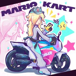 1girl ass baseball_cap blonde_hair blue_eyes clothes_around_waist from_side gloves hair_over_one_eye hat jarvidtakero long_hair luma_(mario) mario_(series) mario_kart mario_kart_world motor_vehicle motorcycle nintendo pants rosalina rosalina_(pro_racer) solo v