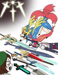 (tat) 1boy 1girl absurdres afterimage annotated arm_up belt beret berserk black_eyes brown_hair closed_eyes closed_mouth crossover dark_souls_(series) demon&#039;s_souls dragon_quest dragonslayer_(sword) ea_(fate) elucidator erdrick&#039;s_sword excalibur_(fate/stay_night) fate/stay_night fate_(series) full_body gen_8_pokemon gloria_(pokemon) green_headwear happy hat highres jpeg_artifacts kamen_rider kamen_rider_black_rx_(series) kamen_rider_blade kamen_rider_blade_(series) keyblade kingdom_hearts kusanagi_no_tsurugi legendary_pokemon looking_at_another master_sword minecraft minecraft_sword moonlight_greatsword motion_lines mouth_hold name_connection nintendo object_namesake ookami_(game) open_mouth pokemon pokemon_(creature) pokemon_swsh red_eyes revolcane sharp_teeth short_hair simple_background smile sweat sword sword_art_online swords_of_revealing_light tail tail_wagging teeth the_legend_of_zelda top-down_bottom-up weapon white_background yu-gi-oh! zacian zacian_(crowned)