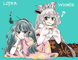 2girls armband black_eyes black_hair bow burnt english_text eyebrows floral_print fujiwara_no_mokou grey_hair grin hair_bow hand_on_own_cheek hand_on_own_face houraisan_kaguya komaku_juushoku long_hair long_skirt lying messy_hair multiple_girls musical_note on_stomach pink_shirt quaver red_eyes rivalry shirt skirt smile smoke teeth touhou upset white_shirt wide_sleeves