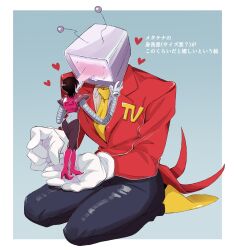 Rule 34 | 2boys, ant tenna, azuma9195, black hair, black pants, blush, boots, border, collared shirt, crt, deltarune, gloves, hand on another&#039;s head, heart, highres, holding, holding mini person, humanoid robot, knee boots, male focus, mechanical arms, mettaton, mettaton neo, mini person, miniboy, multiple boys, necktie, object head, outside border, pants, pink boots, pointy nose, robot, seiza, shirt, shoes, short hair, sitting, size difference, tailcoat, undertale, white border, white gloves, white shirt, yaoi, yellow necktie, yellow shoes