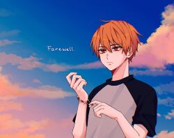 Rule 34 | 1boy, blue sky, bracelet, chromatic aberration, cloud, commentary, english commentary, english text, expressionless, frown, fruits basket, jewelry, keksimuru, male focus, orange hair, orange sky, raglan sleeves, red eyes, sky, sohma kyou, solo, two-tone shirt, upper body