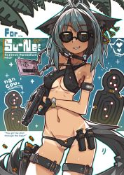 1girl ahoge animal_ear_fluff animal_ears aqua_hair aqua_nails bikini black_bikini black_choker black_gloves blush breasts choker commission covered_erect_nipples cowboy_shot dark_skin earrings fingerless_gloves gloves gluteal_fold green_eyes groin gun hair_intakes handgun highres holding holding_gun holding_weapon holstered jewelry lowleg lowleg_bikini magazine_(weapon) medium_hair nail_polish nancou_(nankou) navel original palm_tree parted_lips pistol shell_casing skeb_commission small_breasts smile solo standing sunglasses swimsuit tail tan tanline teeth tree weapon