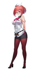1girl arms_behind_back belt black_belt black_footwear black_skirt blunt_bangs bob_cut bow bra_strap bra_visible_through_clothes breasts button_gap fang full_body game_cg hair_ornament hairband hairpin highres joo_mi-ra lanyard light_blush light_smile looking_at_viewer medium_breasts miniskirt miracle_snack_shop mole mole_under_eye non-web_source official_art orange_eyes orange_hair panty_straps pantyhose pink_lips platform_footwear platform_heels purple-framed_eyewear rectangular_eyewear red_bow red_hairband red_pantyhose shirt short_hair side_slit skirt sleeveless sleeveless_shirt solo standing strap_slip ukero white_background white_shirt winged_hair_ornament winged_hairband zipper zipper_skirt