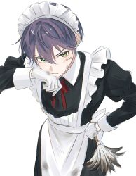 1boy alternate_costume apron black_dress closed_mouth collared_dress crossdressing dirty dirty_clothes dirty_face dress gloves green_eyes highres holding kenmochi_touya long_sleeves looking_at_viewer maid maid_apron maid_headdress male_focus male_maid maru_ru2020 nijisanji purple_hair red_ribbon ribbon short_hair solo v-shaped_eyebrows virtual_youtuber white_apron white_gloves