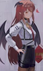 1girl absurdres bat_wings black_choker book choker closed_mouth colored_eyelashes commentary grey_background hand_on_own_hip head_wings highres holding holding_book juliet_sleeves koakuma long_hair long_sleeves looking_at_viewer multiple_wings necktie pointy_ears puffy_sleeves red_eyes red_hair red_necktie ropu_1 shirt solo touhou white_shirt wings