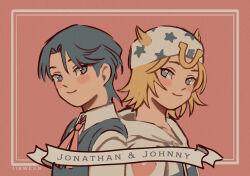 Rule 34 | 118ween, 2boys, beanie, blonde hair, blue eyes, blue hair, blue sweater vest, bow, bowtie, character name, collared shirt, hat, hood, hoodie, horseshoe hat ornament, johnny joestar, jojo no kimyou na bouken, jonathan joestar, looking at viewer, male focus, medium hair, multiple boys, phantom blood, pink background, pink bow, pink bowtie, shirt, smile, star (symbol), star print, steel ball run, sweater vest, white hat, white hoodie, white shirt