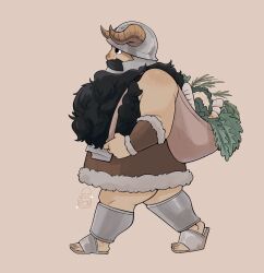 1boy beard carrying dungeon_meshi dwarf facial_hair fake_horns from_side full_body helmet highres horned_helmet horns long_beard looking_ahead male_focus mustache official_style pon_(eponderland) profile senshi_(dungeon_meshi) solo thick_mustache very_long_beard walking