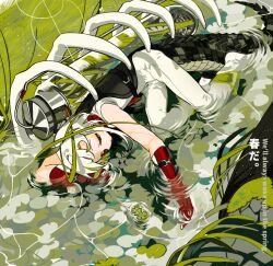 1other afloat bodysuit boots buckle clover crocodilian_tail dajiafengfan25164 english_text four-leaf_clover gloves lily_pad lying medium_hair moss original other_focus outdoors pants red_eyes red_gloves ribs tail wetland white_bodysuit white_boots white_hair white_pants