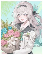 1girl absurdres black_hairband black_ribbon black_sailor_collar blue_pupils blush bouquet bow bowtie buttons collared_shirt double-breasted firefly_(honkai:_star_rail) firefly_(spring_missive)_(honkai:_star_rail) flower gradient_eyes gradient_hair green_bow green_bowtie grey_hair hair_between_eyes hair_intakes hair_ornament hair_ribbon hairband highres holding holding_bouquet honkai:_star_rail honkai_(series) long_hair multicolored_eyes multicolored_hair open_mouth plaid_bow plaid_bowtie plaid_clothes ribbon sailor_collar shirt smile solo white_shirt younomiti