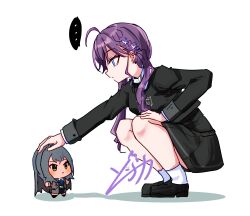 2girls ahoge black_jacket black_shoes black_skirt blue_eyes blue_shirt chibi chibigurumi coat commentary contrast_collar gakuen_idolmaster gokugetsu_academy_school_uniform green_eyes grey_coat grey_hair highres idolmaster jacket kaya_rinha loafers long_hair long_sleeves looking_at_another miniskirt multiple_girls open_clothes open_coat pleated_skirt purple_hair school_uniform shirt shoes skirt socks squatting standing tagawa_maru tsukimura_temari twintails white_socks
