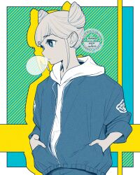 1girl blowing_bubble_gum chewing_gum commentary_request cone_hair_bun double_bun drop_shadow edomon-do hair_bun hands_in_pockets highres hood hood_down hoodie jacket limited_palette long_sleeves looking_to_the_side short_hair solo tomarigi_yasumi toshi_densetsu_kaitai_center upper_body