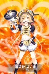 Rule 34 | 1girl, black boots, black ribbon, black sleeves, black wrist cuffs, blonde hair, boots, breasts, card (medium), character name, chest jewel, dot nose, eyes visible through hair, feet out of frame, fingernails, footwear ribbon, game cg, gem, hair between eyes, hair through hood, holding, holding megaphone, hood, hood up, hooded jacket, jacket, knees, light blush, light particles, long hair, loose hair strand, low twintails, magia record: mahou shoujo madoka magica gaiden, magical girl, mahou shoujo madoka magica, megaphone, midriff, mihono seira, miyama-zero, multicolored boots, multicolored jacket, navel, official art, open mouth, orange background, pocket, puffy short sleeves, puffy shorts, puffy sleeves, red hood, red ribbon, ribbon, short sleeves, shorts, small breasts, smile, solo, sound wave, sparkle, standing, teeth, tight clothes, twintails, two-sided hood, two-tone boots, two-tone jacket, upper teeth only, very long hair, white arm warmers, white boots, white hood, white jacket, white shorts, wrist cuffs, yellow eyes, yellow gemstone, yellow jacket