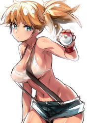 1girl alternate_color armpits blue_eyes blush breasts cleavage female_focus holding holding_poke_ball large_breasts looking_at_viewer misty_(pokemon) naso4 navel nintendo orange_hair poke_ball poke_ball_(basic) pokemon pokemon_(anime) pokemon_(classic_anime) shiny_skin short_hair short_shorts shorts side_ponytail simple_background sketch solo suspenders underboob white_background wide_hips wristband