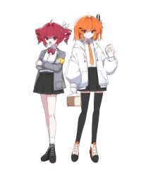 2girls :t a.i._voice adachi_rei ahoge alternate_costume ankle_socks armband bag black_boots black_skirt black_thighhighs boots bow bowtie bread bread_slice buttons closed_mouth commentary crossed_bangs drill_hair eating food grey_jacket hair_ribbon hand_up highres holding holding_bag holding_food jacket kasane_teto kasane_teto_(sv) looking_at_viewer mei_(meiday_mise) multiple_girls necktie open_clothes open_jacket open_mouth orange_eyes orange_hair orange_necktie pinstripe_bowtie plastic_bag radio_antenna red_bow red_bowtie red_eyes red_hair ribbon shirt shoes side_ponytail simple_background skirt socks symbol-only_commentary synthesizer_v thighhighs twin_drills utau white_background white_jacket white_ribbon white_shirt white_shoes white_socks yellow_armband