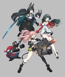 3girls aqua_jacket astra_yao bangboo_(zenless_zone_zero) barefoot black_hair black_necktie black_ribbon black_shorts black_skirt blunt_bangs breasts cleavage collared_shirt crop_top dress earrings eyeball full_body green_eyes grey_background gun hair_ornament hairband high-waist_skirt highres holding holding_gun holding_microphone_stand holding_sword holding_weapon hoshimi_miyabi jacket jewelry katana kinokare large_breasts long_hair microphone_stand multiple_girls necklace necktie one_eye_closed open_clothes open_jacket pearl_necklace red_eyes red_shrug ribbon shirt shorts skirt sword tailless_(zenless_zone_zero) thigh_strap twintails weapon white_dress white_hairband white_shirt zenless_zone_zero