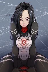 1girl artist_name black_bodysuit black_hair bodysuit breasts brown_eyes cindy_moon haysey highres lipstick long_hair looking_at_viewer makeup marvel pale_skin red_mask silk silk_(marvel) sitting skin_tight smile solo spider-man_(series) spider_web superhero_costume thighs